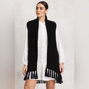 Black Sleeveless Boho Fringe Knit Vest Cardigan
